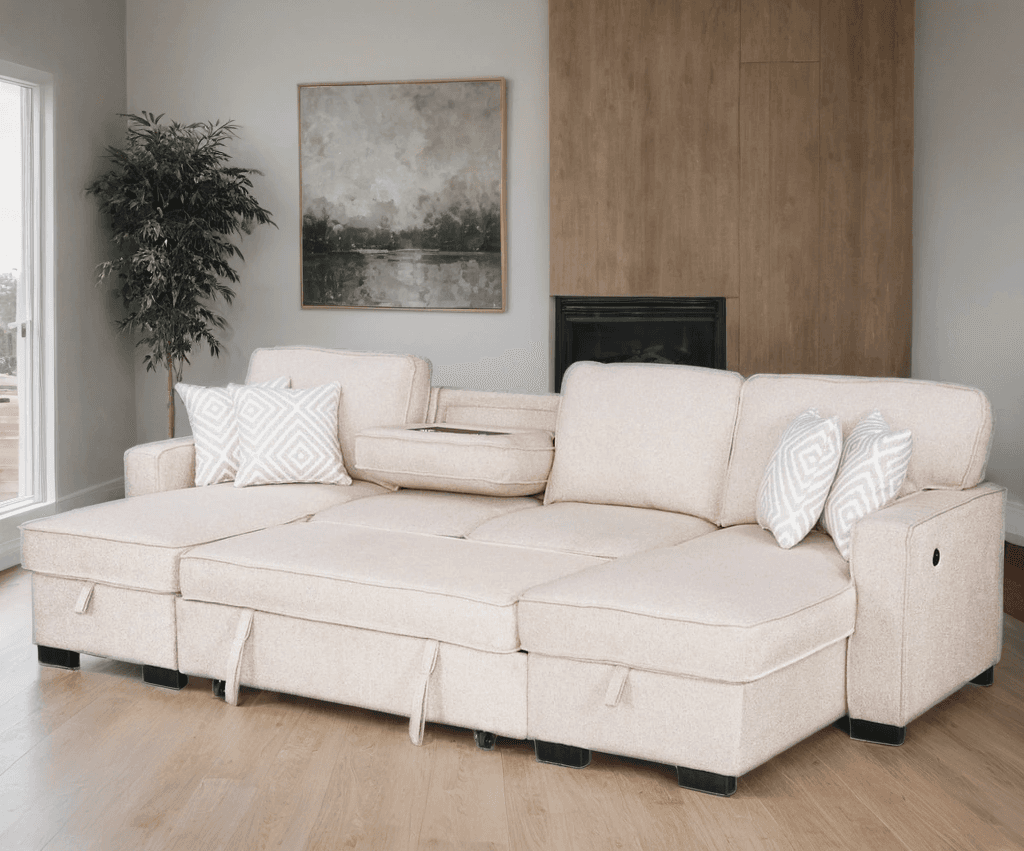 Sahara Beige - Double Storage Chaise Sectional w/ Drop Down Cupholders | image 1
