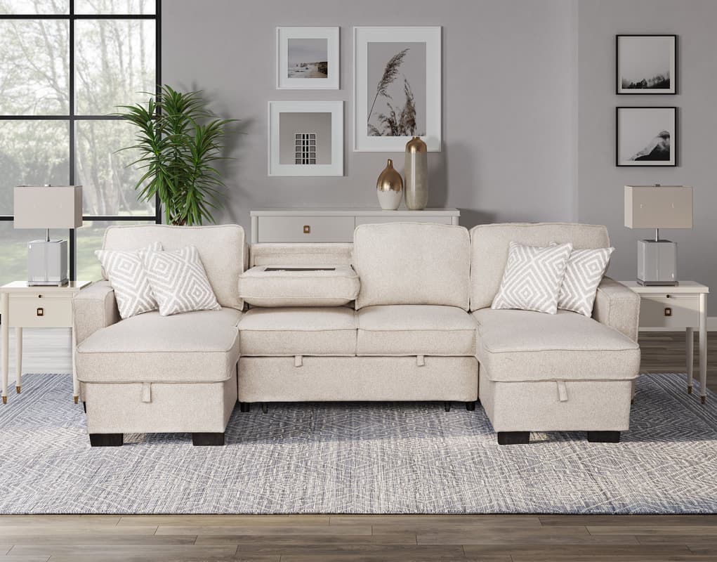 Sahara Beige - Double Storage Chaise Sectional w/ Drop Down Cupholders | image 2